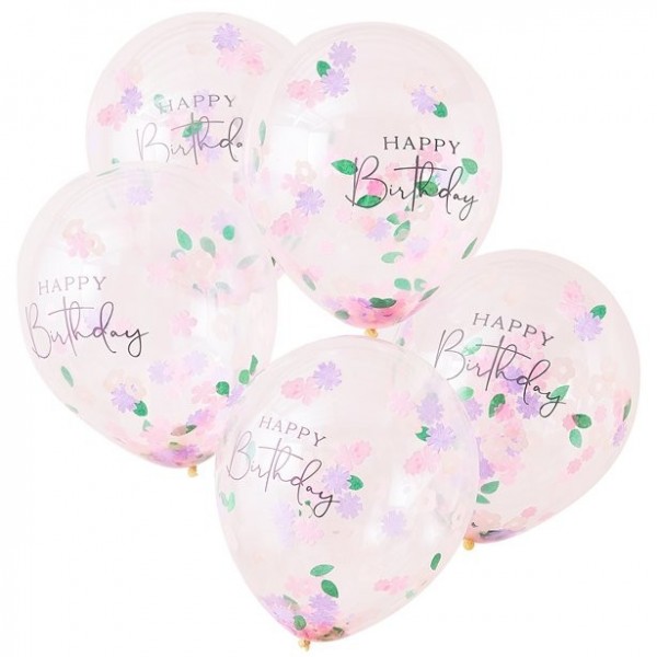 5 urodzinowych balonów konfetti w kwiaty 30cm