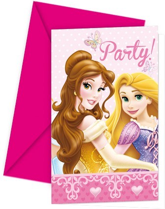 6 Pink Disney Princess invitation cards in a set 9x14