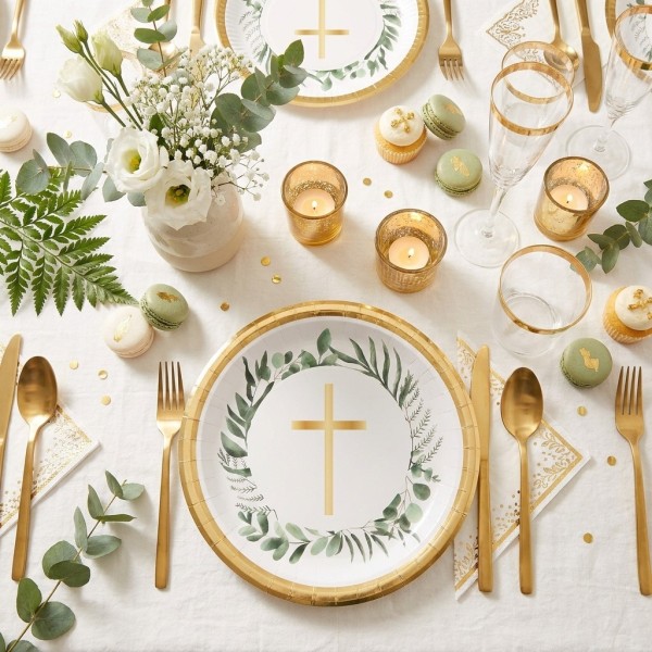 Gold Paper Plates with Cross Design 23 cm, Pack of 8