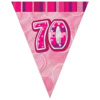 Oversigt: Happy Pink Sparkling 70th fødselsdag vimpelkæde 365cm