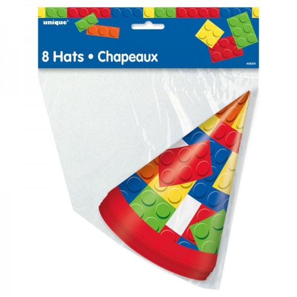 8 coloridos sombreros de fiesta de bloques de construcción Happy Birthday 15cm