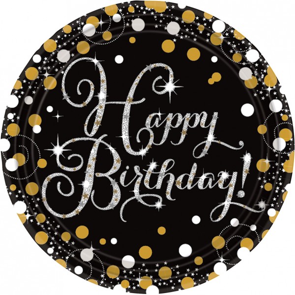 8 Golden Happy Birthday paper plates 23cm
