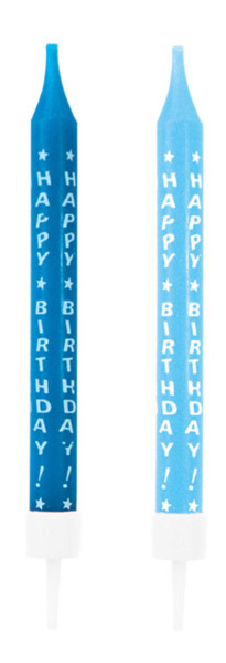 Blue Happy Birthday cake candles with holder 10 pieces