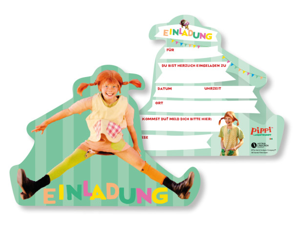 8 Pippi Longstocking invitation cards