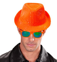 Widok: Cekinowy kapelusz Fedora w neonowo pomarańczowym kolorze