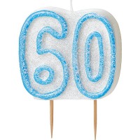 Oversigt: Happy Blue Sparkling 60th Birthday cake lys