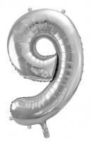 Foil balloon number 9 metallic silver 86cm