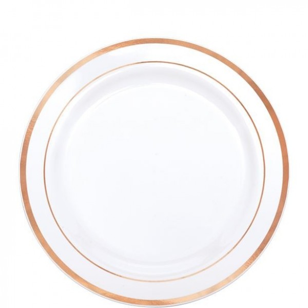 20 assiettes en plastique blanc avec bord or 19cm