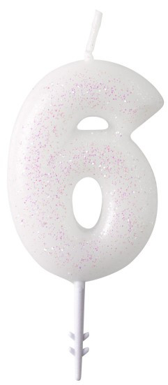Glittering number candle 6 white 6.5cm