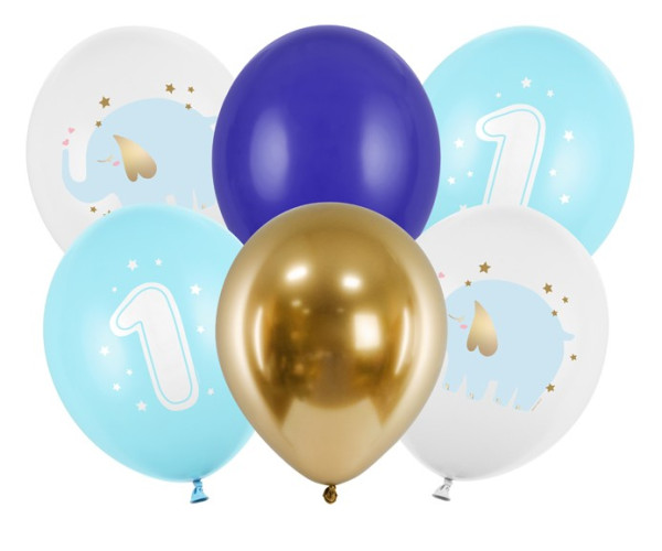6 blue Happy First Year latex balloons 30cm