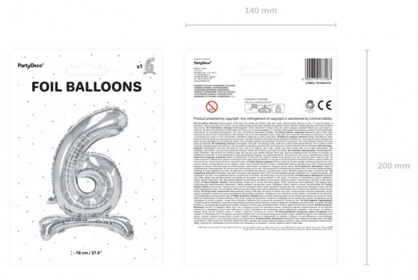 Srebrny 6 stojący balon foliowy 70cm 3
