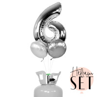 Vorschau: XXL Zahl 6 Silber Ballonbouquet-Set mit Heliumbehälter