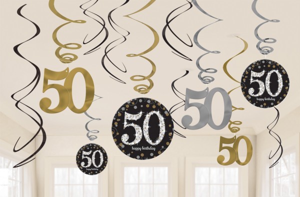 12 golden 50th birthday spiral hangers 60cm