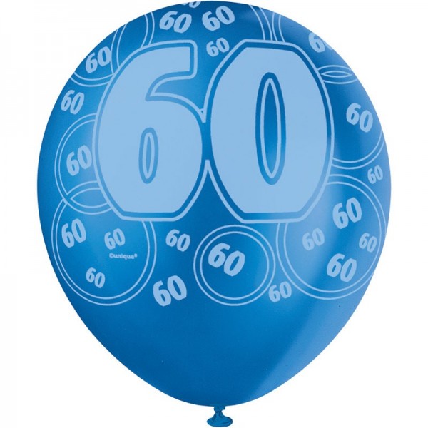Mix of 6 60th birthday balloons blue 30cm 3