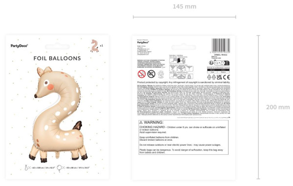 Tierwelt Zahl 2 Folienballon 1m 4
