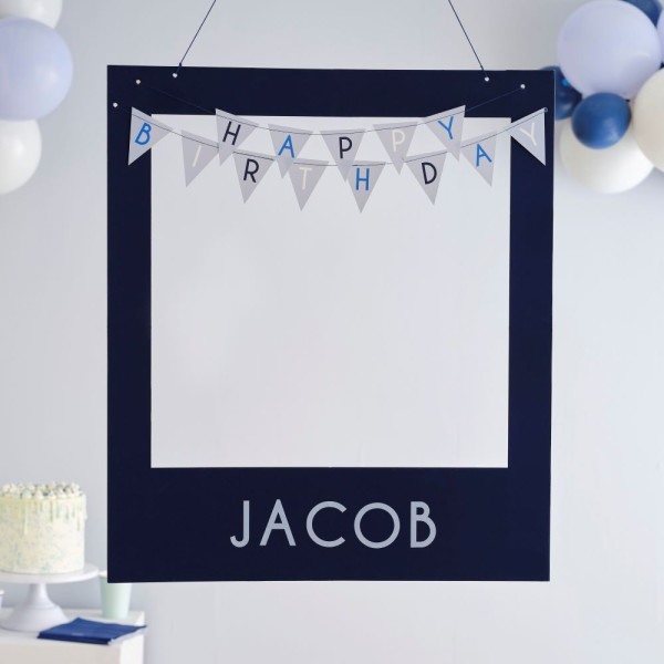 Blue Happy Birthday photo frame with balloons