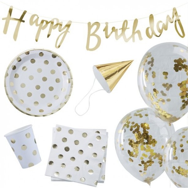 Paquet de fête d'anniversaire en pointillé d'or 70 pièces