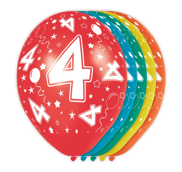 5 farverige 4. fødselsdag latexballoner