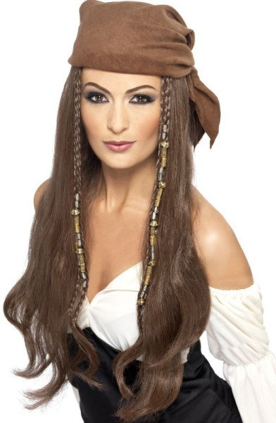 Perruque de cheveux longs pirate marron avec un foulard
