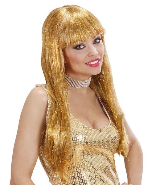 Glittrande långt hår peruk guld