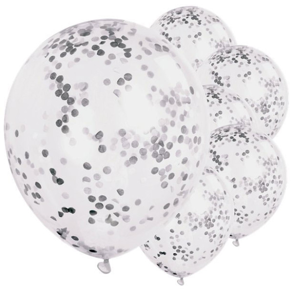6 srebrnych balonów konfetti 30cm