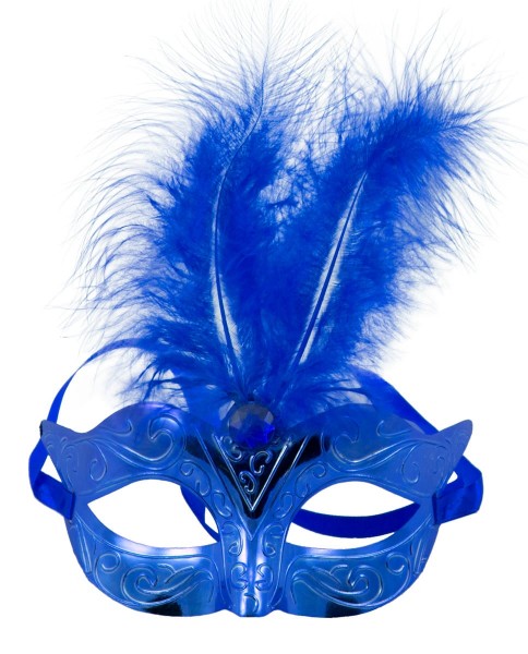 Metallic blauw oogmasker met veren