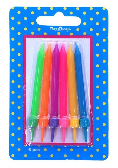 6 neon birthday candles including holders 6cm
