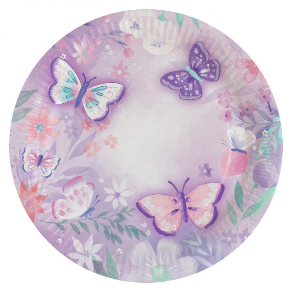 8 platos de papel jardín de mariposas 23cm