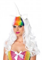 Vista previa: Peluca de unicornio blanca con cola de arcoíris