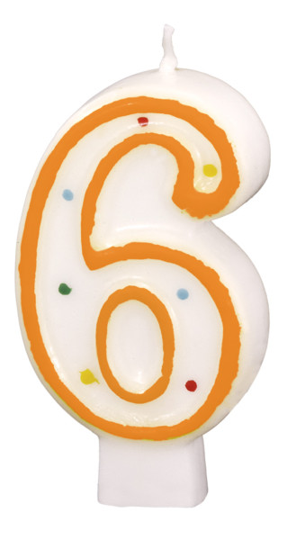 Number 6 cake candle white with colored dots 7.5cm