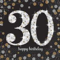 16 gyldne 30-års fødselsdagsservietter 33cm