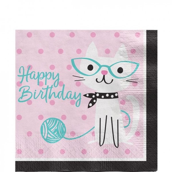 16 serviettes chats Happy Birthday 33cm