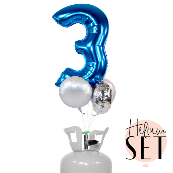 XXL Zahl 3 Blau Ballonbouquet-Set mit Heliumbehälter