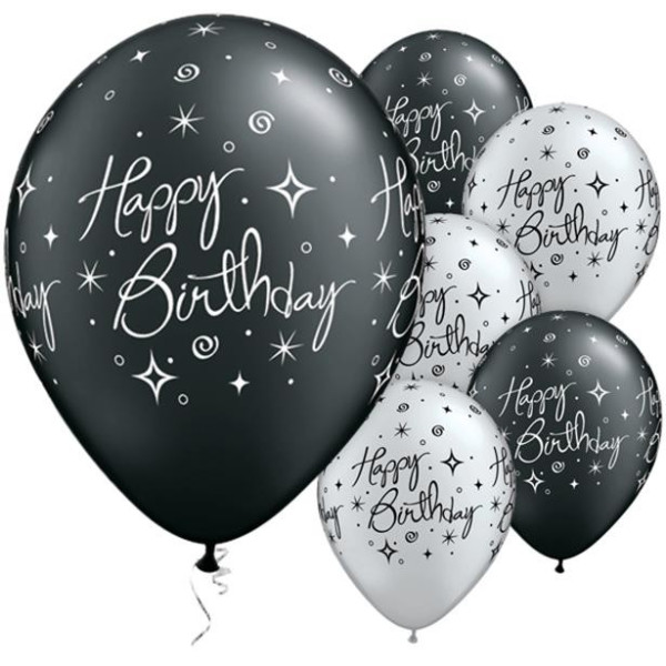 25 Swirly Birthday latexballonger svart silver 28cm