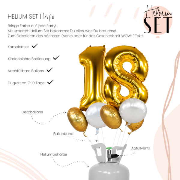 XXL Zahl 18 Gold Ballonbouquet-Set mit Heliumbehälter 3