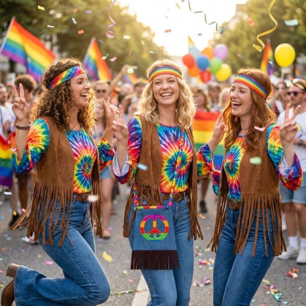 Hippie Umhängetasche Jeans mit Peace-Zeichen und Regenbogenriemen