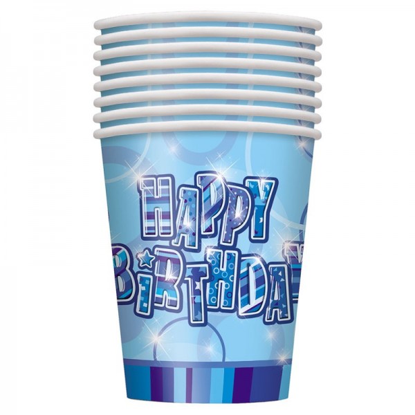 8 vasos de papel Happy Blue Sparkling Birthday 266ml 2