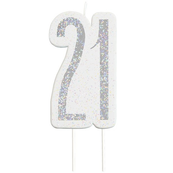 Glittering 21st Birthday cake candle silver