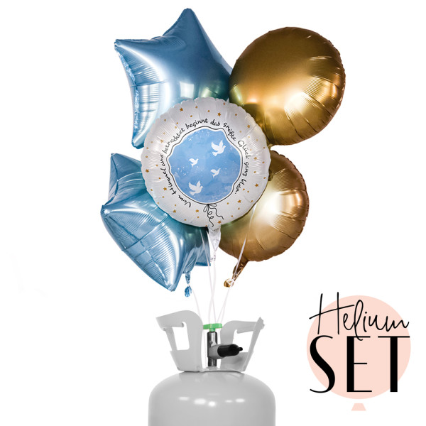 Taufe großes Glück Hellblau Ballonbouquet-Set mit Heliumbehälter