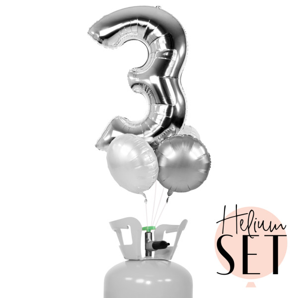 XXL Zahl 3 Silber Ballonbouquet-Set mit Heliumbehälter