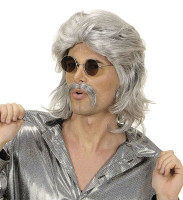 Perruque disco grise avec moustache pour homme