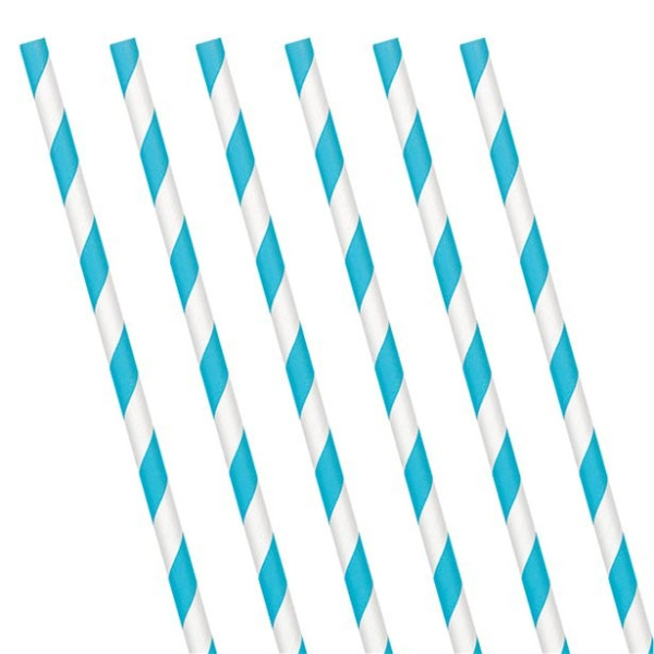 24 stribede papirstråer azurblå 19 cm