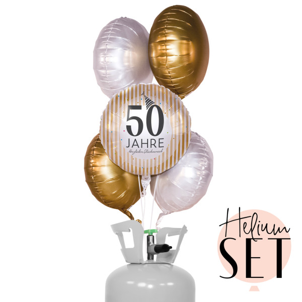 50 Jahre Golden Stripes Ballonbouquet-Set mit Heliumbehälter