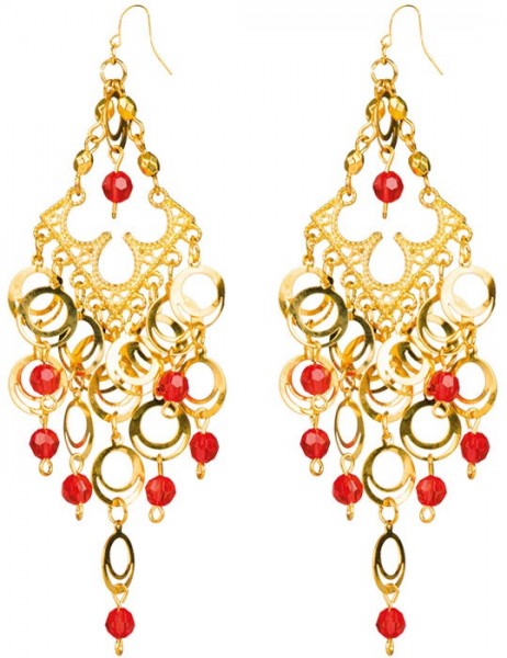 Golden oriental earrings with red pearls 2