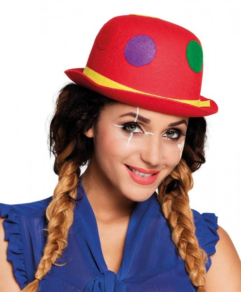 Sombrero de payaso rojo bombín con lunares de colores