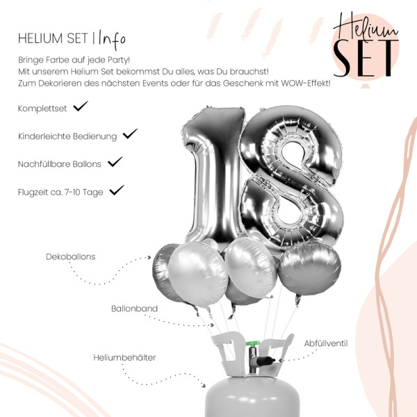 XXL Zahl 18 Silber Ballonbouquet-Set mit Heliumbehälter 3