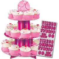 Aperçu: Présentoir à cupcake joyeux anniversaire pétillant rose personnalisé