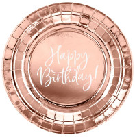 Oversigt: 6 tillykke med fødselsdagen tallerkener rosa guld 18cm