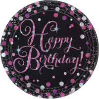 8 papierowych talerzyków Happy Birthday 23 cm w kolorze różowym