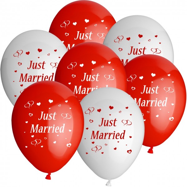 10 röda och vita ballonger Just Married 25cm